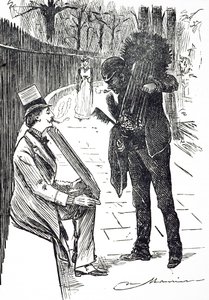 Eine Karikatur, die einen Schornsteinfeger zeigt, der seine Bürsten durch die Straßen Londons trägt. Illustriert von George du Maurier (1834-1896), ein franco-britischer Karikaturist und Autor