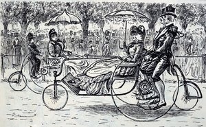 Eine Gravur, die Passagiere zeigt, die in Fahrradkutschen fahren. Illustriert von George du Maurier (1834-1896), ein franco-britischer Karikaturist und Autor von George du Maurier