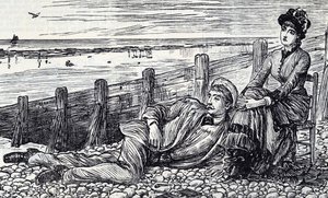 Karikatur, die ein Paar zeigt, das seine Flitterwochen an einem Kieselstrand genießt