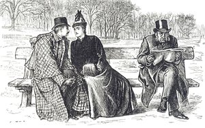 Karikatur, die ein Paar zeigt, das auf einer Parkbank Zärtlichkeiten austauscht, während der Mann neben ihnen missbilligend zusieht von George du Maurier