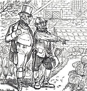Karikatur, die einen Gentleman mit dem Gärtner im Gemüsegarten zeigt