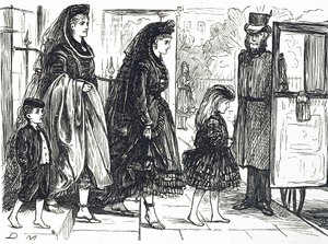 Karikatur, die Menschen zeigt, die natürliche Schuhe tragen, um deformierte Füße zu vermeiden