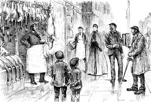 Gravur, die einen Metzger und Geflügelhändler zeigt, der vor seiner Weihnachtsauslage von George du Maurier fotografiert wird. George du Maurier (1834-1896), ein franco-britischer Karikaturist und Autor. Datiert 19. Jahrhundert von George du Maurier