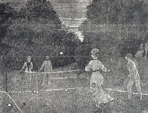 Gravur, die die Verwendung von weißer Phosphorfarbe empfiehlt, die Tennisspielern empfohlen wird