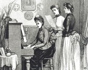 Gravur von jungen Damen, die im Salon singen von George du Maurier