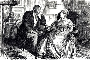 Georges du Maurier Karikatur, die ein Gespräch zwischen einem Mann und einer Frau über die beruhigenden Vorteile von Lebertran illustriert. England 1869 von George du Maurier