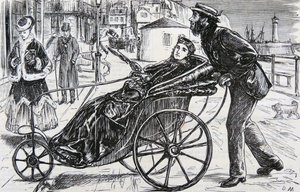 Patrick schiebt den Badestuhl der Dame von George du Maurier