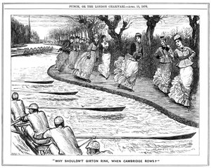 Rollschuhlaufen sehr in Mode. Studentinnen von Girton auf dem Treidelpfad winken den Ruderern auf dem Fluss zu. George du Maurier Karikatur aus Punch, London von George du Maurier
