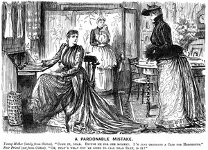 Universitätsbildung für Frauen macht ihre Gespräche verwirrend für ihre weniger gebildeten Freunde. George du Maurier Karikatur aus Punch, London, 7. Dezember 1889. Gravur von George du Maurier