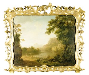 Eine italienische bewaldete Flusslandschaft mit Figuren im Vordergrund und einem Dorf dahinter