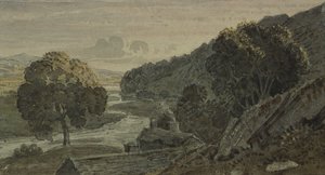Abend, Landschaft, mit Cottage und Fluss