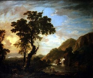 Waldflusslandschaft mit Figuren im Vordergrund und Wasserfall im Hintergrund