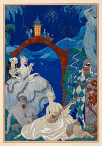 Mondschein. Eine schöne Frau spielt Mandoline. Ein Faun sitzt neben ihr. Ein Harlekin. Alles in einer Landschaft.