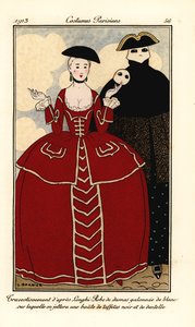 Kostüme von Longhi. Frau im Damastkleid mit weißen Verzierungen, Umhang aus schwarzem Taft und Spitze