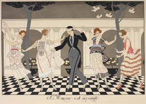 Die Liebe ist blind. Ein blinder Mann tanzt mit vier Frauen von Georges Barbier