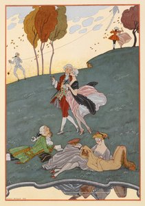 Les Ingénus. Eine Gruppe von Männern und Frauen. Ein Mann fliegt einen Drachen. Ein Faun. von Georges Barbier