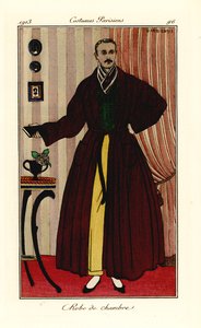 Mann im Morgenmantel über gelber Hose und grüner Weste. Robe de chambre. Handkolorierte Pochoir-Radierung nach einer Illustration von George Barbier aus Tommaso Antonginis Journal des Dames et des Modes, Aux Bureaux du Journal des Dames, Paris von Georges Barbier