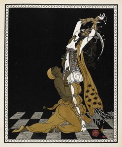 Nijinsky als der Goldene Sklave in Sheherazade, einer symphonischen Suite von Nikolai Rimsky-Korsakov, 1888. Er kniet vor Sheherazade, beide in arabischen Kostümen. von Georges Barbier