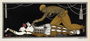 Nijinsky als der goldene Sklave in Sheherazade, einer symphonischen Suite, komponiert von Nikolai Rimsky-Korsakov im Jahr 1888. Sheherazade liegt hier auf ihrem Sterbebett, der goldene Sklave beugt sich über sie von Georges Barbier