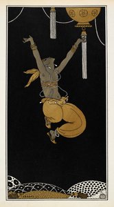 Nijinsky als der goldene Sklave in Sheherazade, einer symphonischen Suite, komponiert von Nikolai Rimsky-Korsakov im Jahr 1888. Nijinsky ist in der Luft, mitten im Sprung. von Georges Barbier