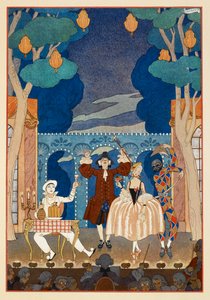 Pantomime. Pierrot und Harlekin. Ein Mann und eine hübsche Frau. Alles auf einer Bühne. von Georges Barbier