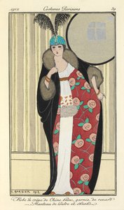 Kleid aus weißem Crêpe de Chine verziert mit Fuchs. Mantel aus Otter und Stinktier von Georges Barbier