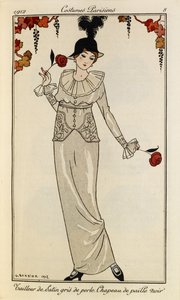 Tailleur de Satin gris de perle. Chapeau de paille noir. Costumes Parisiens Nr. 8 von Georges Barbier