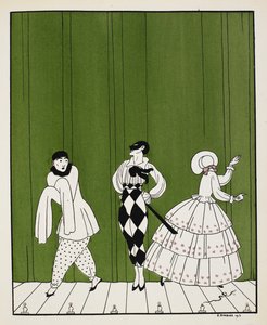 Drei Charaktere aus dem Ballett von 1910, Carnaval, komponiert von Robert Schumann. Links ein Pantomime. In der Mitte ein Mann, gekleidet in ein weißes Hemd mit schwarzer Krawatte und karierten Hosen, mit einer Maske. Rechts eine Frau, die rückwärts schaut von Georges Barbier
