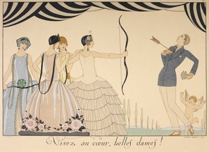 Visez au cœur, belles dames. Zielt auf das Herz, Damen. Eine Frau schießt einem Mann einen Pfeil ins Herz. von Georges Barbier