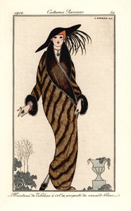 Frau im Zobelmantel mit Kragen und Manschetten aus weißem Fuchsfell von Georges Barbier