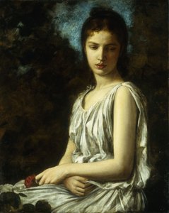 Eine junge Frau in klassischer Kleidung, die eine rote Rose hält