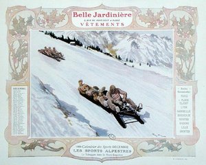 Schlittenfahren, Illustration für Dezember aus einem Kalender für das Bekleidungsgeschäft 