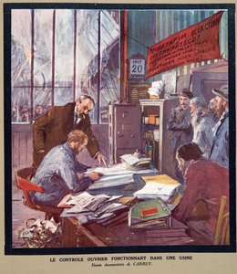 Arbeiterkontrolle in einer sowjetischen Fabrik zur Zeit der Revolution 1917, aus Histoire des Soviets, veröffentlicht 1922