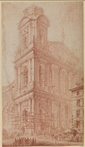 Die Fassade von S. Sulpice kurz vor der Fertigstellung - rechts ein Wagen vor einem nicht mehr existierenden Haus; im Vordergrund Zuschauer von Georges François Blondel