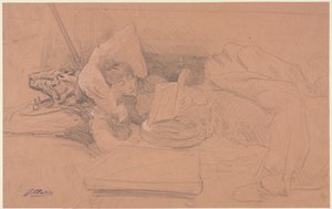 Sarah Bernhardt liegend auf einem Diwan, lesend von Georges Jules Victor Clairin