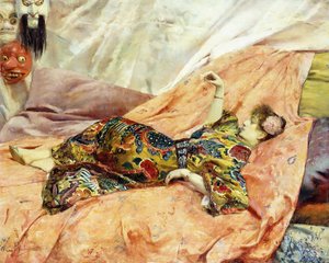 Porträt von Sarah Bernhardt, liegend in einem chinesischen Innenraum