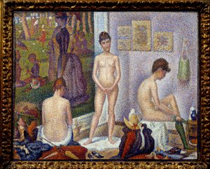 Aufstellung, kleine Version, links das Gemälde Ein Sonntagnachmittag auf der Insel La Grande Jatte von Georges Seurat, 1888, Privatsammlung von Georges Pierre Seurat
