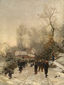 Dorf mit Kindern im Schnee