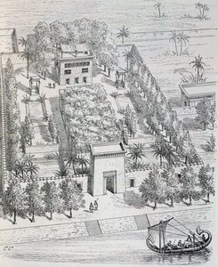 Ansicht einer ägyptischen Villa am Nil, Rekonstruktion von Chipiez, aus Geschichte der Kunst im Altertum (Ägypten, Assyrien, Persien, Kleinasien, Griechenland, Etrurien, Rom) von Georges and Chipiez Charles Perrot