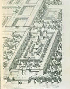 Radierung, die eine perspektivische Ansicht eines Gebäudes in Tell el-Amarna darstellt, von Georges Perrot und Charles Chipiez