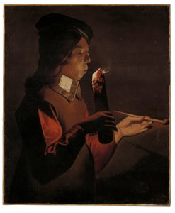 Ein Junge mit einer Pfeife, der auf einen Feuerbrand bläst von Georges de La Tour