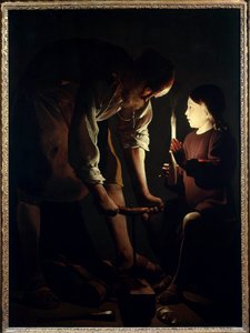 Heiliger Josef Zimmermann Jesuskind hält eine Kerze, um seinen Vater Josef bei der Arbeit zu beleuchten