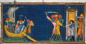 Ludwig IX. landet in Tunis, und Franzosen werden von Sarazenen im Turm abgeschnitten, aus Chroniques de France ou de St Denis, 14. Jahrhundert