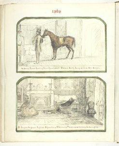 Ohne Titel [Mann mit Pferd und Paar, das sich am Feuer entspannt] von Georgina Cowper