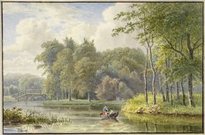 Landschaft mit Figuren in einem Ruderboot