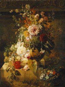 Rosen, Winden, Nelken, Stockrosen, Pfingstrosen, Flieder und andere Blumen in einer Vase von Georgius Jacobus Johannes van Os