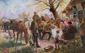Soldaten der Roten Armee auf Manöver erhalten einen Empfang und Ruhe in einem Kolkhoze von Georgiy Konstantinovich Savitsky