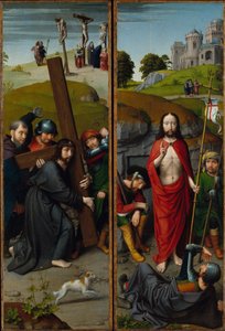 Christus trägt das Kreuz, mit der Kreuzigung; Die Auferstehung, mit den Pilgern von Emmaus, ca. 1510 von Gerard David