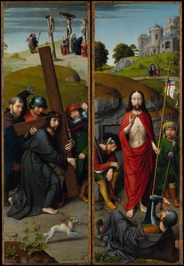 Christus trägt das Kreuz, mit der Kreuzigung, der Auferstehung, mit den Pilgern von Gerard David