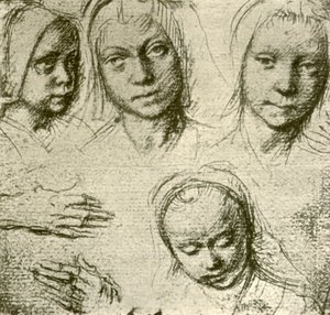 Vier Köpfe eines jungen Mädchens und zwei Hände, um 1500-1505, 1908 von Gerard David